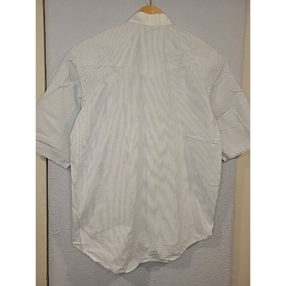 Rough Stock Panhandle Slim Pearl Snap Shirt Size M Blue Pinstripe Embroidery - Picture 8 of 9